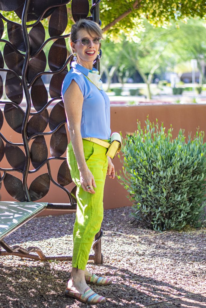 Styling a Lime Green Pants Outfit with Light Blue for the Summer