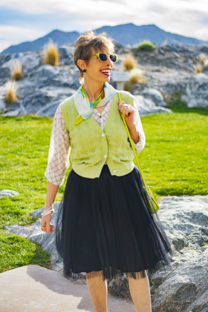 Lime green with a black tulle skirt outfit