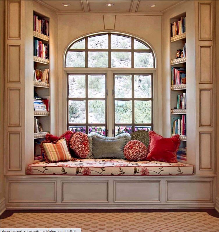 Window seat and library as dream house details