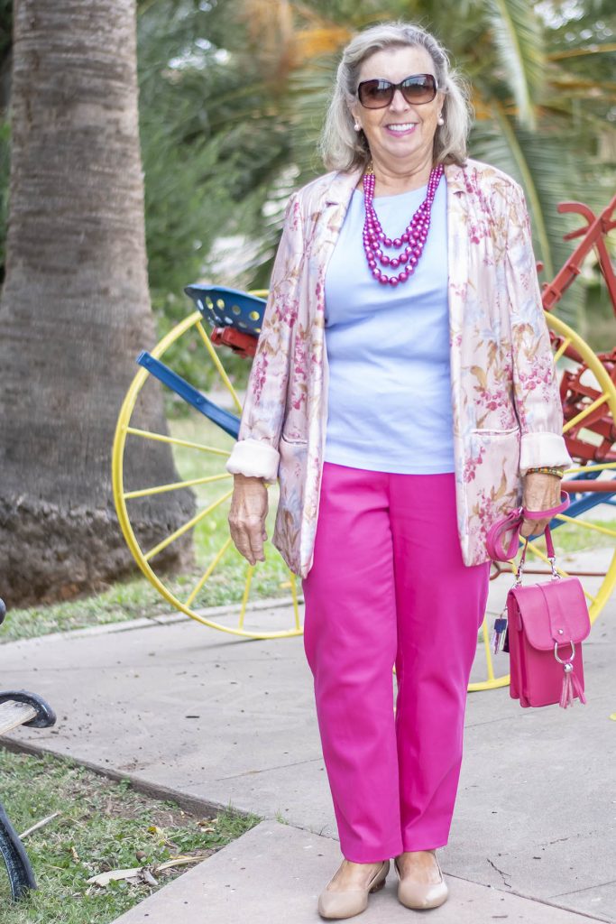 How to wear bright pink pants with a light pink sequin jacket